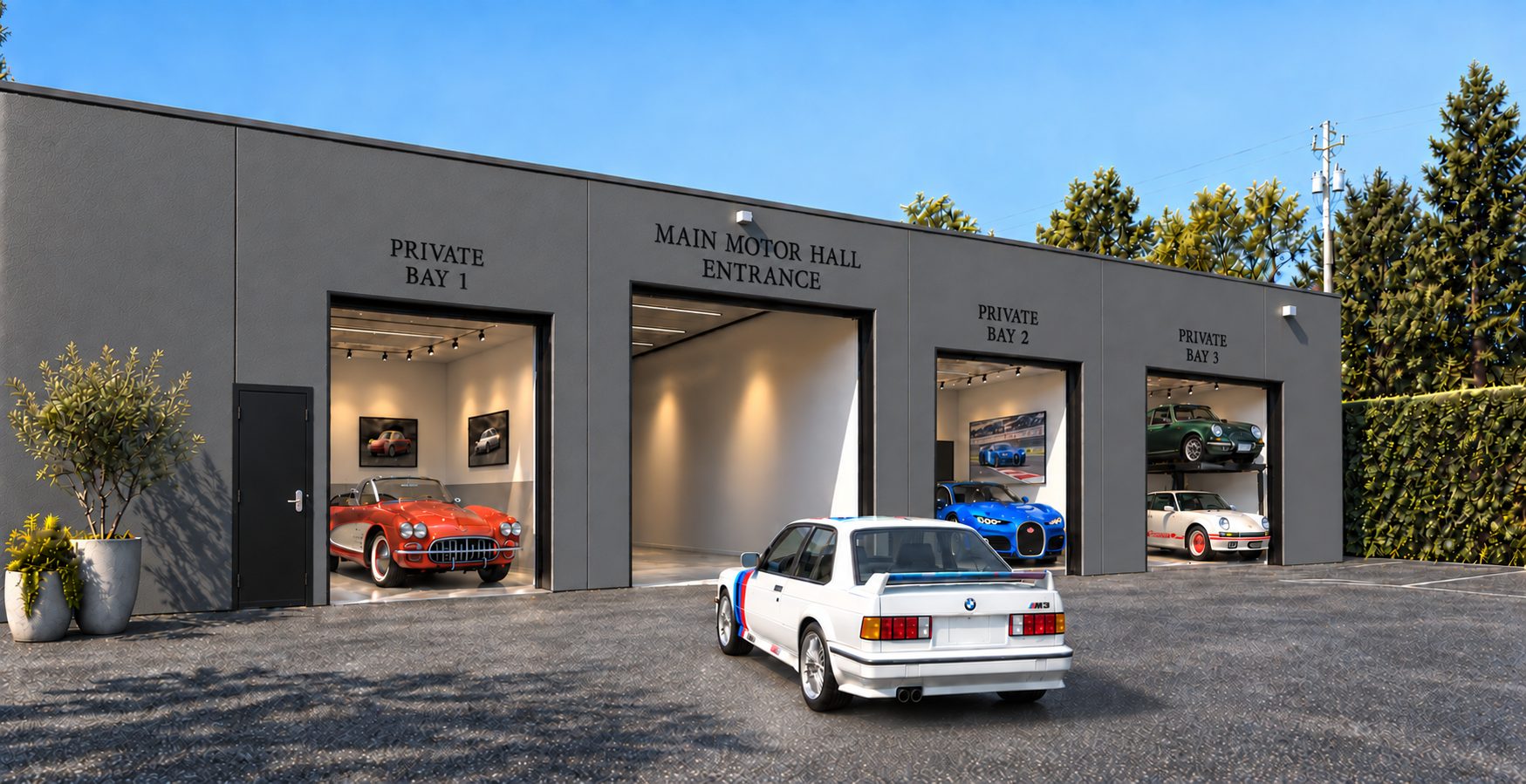 Rendering of the Enclave Auto entrance, with private bays and a member driving in